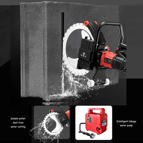 Badass 8900W Brushless Electric Wall Saw With Diamond Blade and Auto Water Cooling cutting a concrete block with water cooling system.