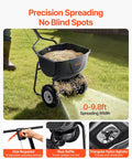 Walk Behind Broadcast Spreader For Lawn And Garden, 60 Lb Capacity, Adjustable Spreading From 0 To 9.8 Feet, 8 Inch All Terrain Pneumatic Tires, Seed And Fertilizer Spreader, Durable Push Spreader With Disc Pellet Controller being used on grass, showing even seed distribution and adjustable controls.