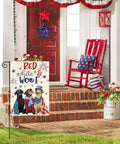 Front porch with Patriotic 4th Of July Garden Flag 12x18 Inch Double Sided Yard Outdoor Decoration featuring dogs and American flags.