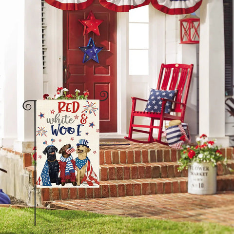 Front porch with Patriotic 4th Of July Garden Flag 12x18 Inch Double Sided Yard Outdoor Decoration featuring dogs and American flags.