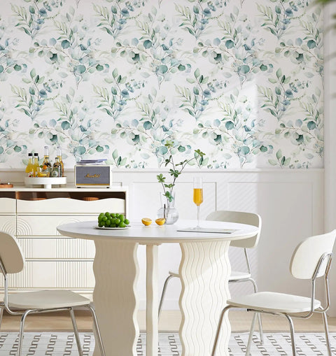 Dining area with Peel And Stick Boho Wallpaper Green White Botanical Leaf Floral Wall Mural Vibe, white chairs and table.