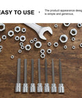 3 8 Inch Drive Badass Xxl Extra Long Bits Socket Wrench Set with Heavy Duty Ratcheting Tools on wooden surface with nuts.