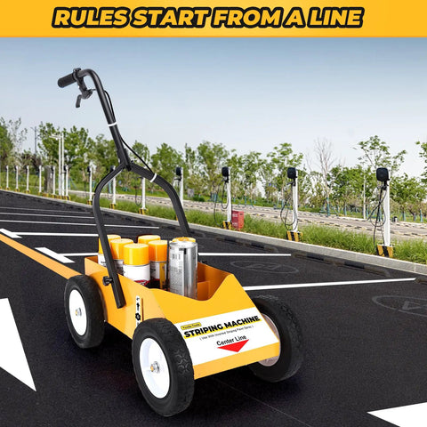 High Performance Parking Lot Line Striper For Inverted Spray Paint With 8 Inch Heavy Duty Wheels standing on a road