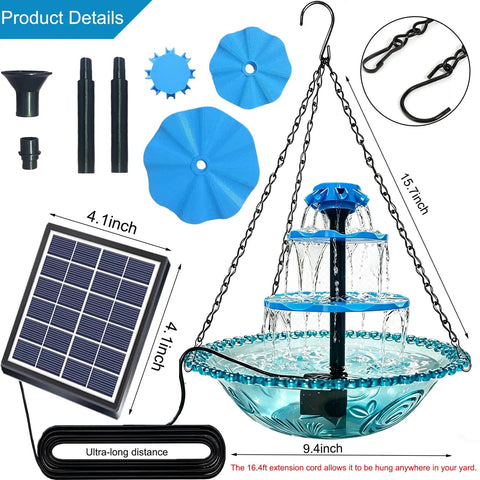 Three Tier Solar Powered Hanging Bird Bath Fountain With Cascading Water Flow To Attract Hummingbirds And Wild Birds, 16.4 Foot Extra Long Cord For Outdoor Garden And Patio Decor, No Fuss Easy Setup displayed with components.