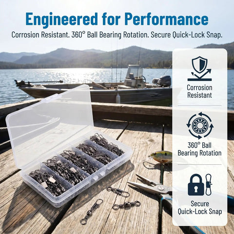 200 Piece Barrel Snap Swivel Fishing Accessories Set With Ball Bearing Swivels And Snap Connectors for quick lure changes