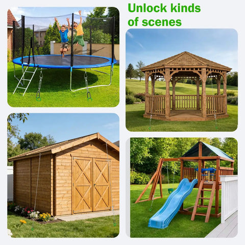Collage of trampoline, gazebo, shed, and playset secured by Eight 30 Inch Triple Helix Ground Anchors Kit With Cable and Turnbuckles.