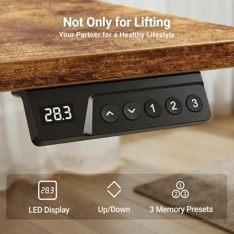 Claiks Electric Height Adjustable Standing Desk 40 By 24 Inches Rustic Brown ergonomic LED display control panel with memory presets.
