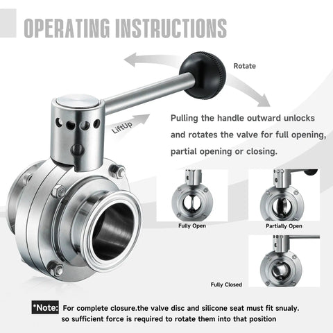 Operating instructions for 2 Pack 1 Inch Tri Clamp Butterfly Valve Sanitary 304 Stainless Steel Manual Pull Handle Beefy Built