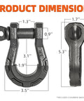Three Quarter Inch D Ring Shackle Two Pack Fully Forged Steel With Seven Eighths Pin 79500 Lbs Break Strength And Nine Ton Working Load Extreme E Coat Impact And Rust Resistant showing dimensions and measurements