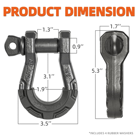 Three Quarter Inch D Ring Shackle Two Pack Fully Forged Steel With Seven Eighths Pin 79500 Lbs Break Strength And Nine Ton Working Load Extreme E Coat Impact And Rust Resistant showing dimensions and measurements