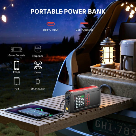Beast Jump Starter With Air Compressor 160 PSI for cars 7.0L gas and 6.0L diesel on wooden table with phone charging
