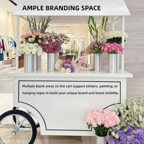 Slick Portable Vendor Cart With Heavy Duty Rubber Wheels And Locking Storage Cabinet For Farmers Markets Pop Up Booths And Flower Display Racks That Keep Your Street Hustle Going Strong showcasing flowers, ample branding space, and solid wheels.