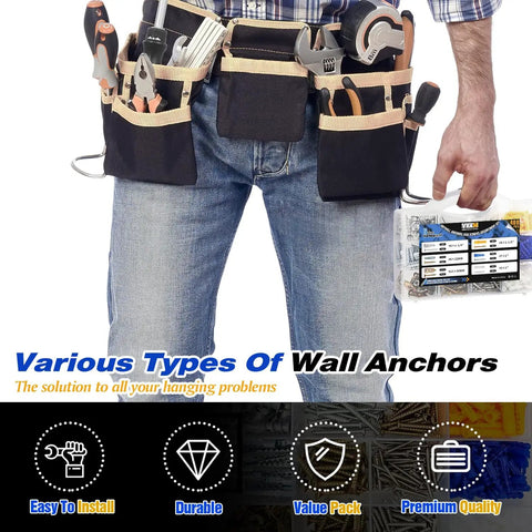 Man holding Heavy Duty Drywall Anchors Kit With Drill Bit Six Size Screw Assortment For Hanging Pictures Shelves And Mirrors