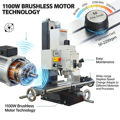 Built Tough Workhorse Benchtop Mini Milling Drilling Machine Featuring Brushless Motor And Precision Mill Drill Lathe delivering 1100W power.