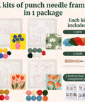 Four Sets Punch Needle Kit With 10x10 Frames For Beginners, including yarn, patterns, tools, and instruction guide for projects.