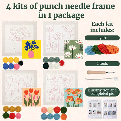 Four Sets Punch Needle Kit With 10x10 Frames For Beginners, including yarn, patterns, tools, and instruction guide for projects.