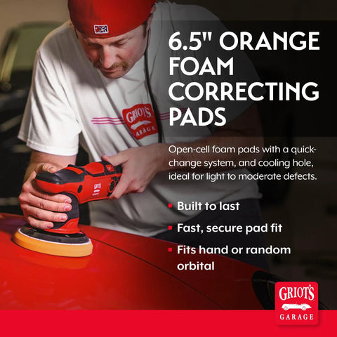 Orange Foam Buffing Pads For Car Polishing And Detailing Remove Light To Moderate Paint Defects Durable And Machine Washable 6.5 Inch Set Of 2 Works With All Polishes, used with power polisher on red car hood