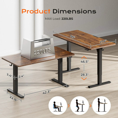 Wide 55 By 27.6 Inch Electric Standing Desk With Deep Desktop Height Adjustable Sit Stand Computer Desk For Home Office And Gaming Two Side Hooks Three Preset Heights Rustic Brown product dimensions