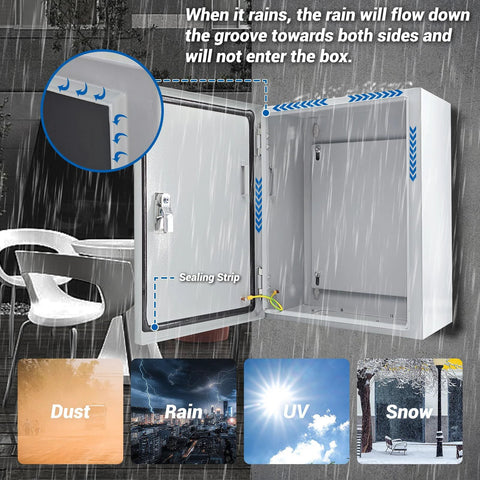 Heavy Duty Steel Electrical Box 16 X 12 X 8 Inches NEMA 4X Weatherproof Junction Enclosure open door view with rain protection illustration