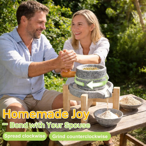 Manual Granite Stone Grain Mill With Wooden Base And Heavy Duty Handle For Flour Grain And Spice Grinding In Home Kitchen Durable Stone Grinder in use outdoors