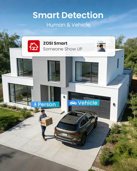 3K Lite Security Camera System With AI Human And Vehicle Detection monitoring person and car in modern driveway.