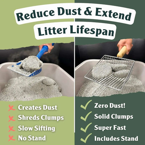 Comparison of blue plastic scoop creating dust and 5X Faster No Shake Metal Cat Litter Scoop With Stainless Steel Sifting Design And Holder reducing dust