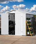 Resin Outdoor Storage Shed With Floor, Lockable Door And Window, Weather-Resistant 6X8 Ft Garden Shed with open door and shelving