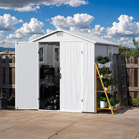 Resin Outdoor Storage Shed With Floor, Lockable Door And Window, Weather-Resistant 6X8 Ft Garden Shed with open door and shelving