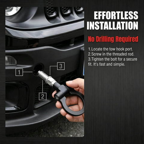 Effortless installation of Straight Up Tough Car Front Bumper Tow Hook And Racing Style Screw On Trailer Pull Ring Heavy Duty Alloy Foldable D Ring.