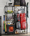 All In One Sports Gear Organizer For Home Garage Club And Basement With Dual Golf Bag Storage Rack, Multi Zone Shelves And Hooks