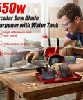 Badass Circular Saw Blade Sharpener And Electric Grinder restores dull steel. 550W, adjustable angle with water tank for woodworking.