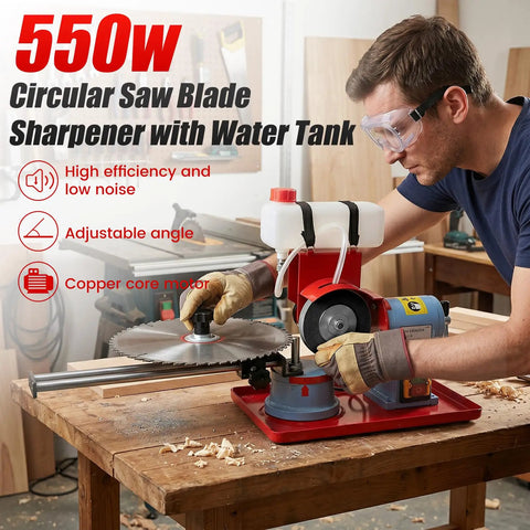 Badass Circular Saw Blade Sharpener And Electric Grinder restores dull steel. 550W, adjustable angle with water tank for woodworking.