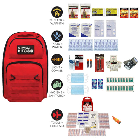 One Person 72 Hour Survival Go Bag With Food And Water, First Aid, And Prep Tools For Disasters And Earthquakes, Items Displayed