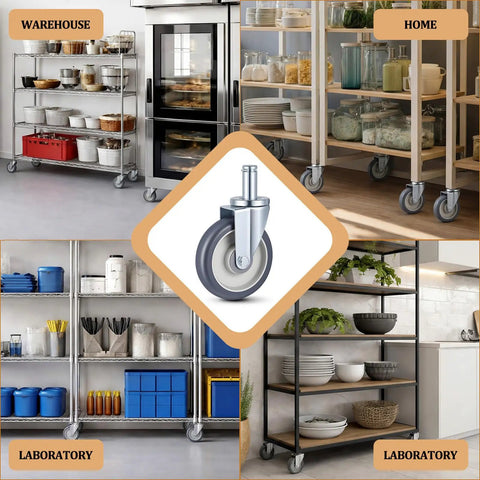 4 Pack 5 Inch Swivel Caster Wheels For Metro Shelving Grip Ring Stem Casters showcased in kitchen and lab environments