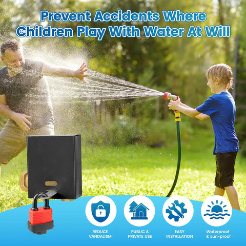 Man and child playing with water near a hose equipped with a Water Spigot Lock With Adjustable Design Tough Universal Fit For All Standard Hose Bibs No Tools Required Easy Install Keeps Your Outdoor Faucet Safe From Leaks Theft And Accidental Water Waste