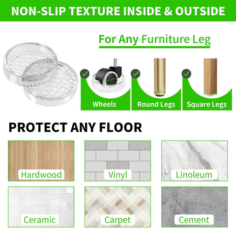Straight Up Floor Savers Round Rubber Furniture Caster Cups 12 Piece Set clear non slip coasters for various furniture legs.