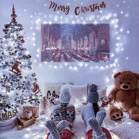 Cozy room with Ultra Long 168Ft 600 LED Cool White String Lights With Remote Plug In Twinkle Outdoor Indoor For Trees