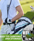 Person carrying golf bag with 3 In 1 Golf Hitting Mat For Swing, Putting, And Chipping, easy to store and transport