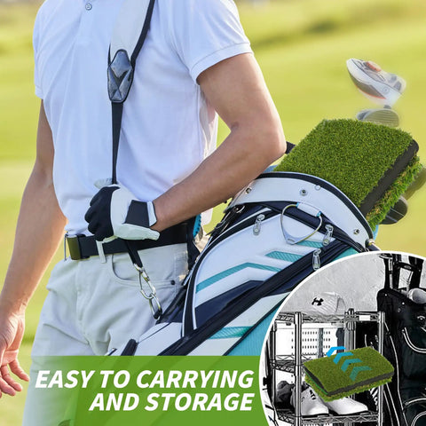 Person carrying golf bag with 3 In 1 Golf Hitting Mat For Swing, Putting, And Chipping, easy to store and transport