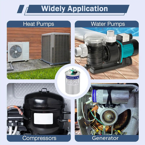 Widely used 2 Pack Dual Run Start Capacitors 40 Plus 5 MFD 370 to 440V CBB65 for air conditioners, pumps, and generators.