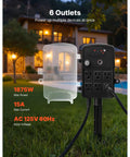 Heavy-Duty Outdoor Power Stake with Smart Timer Acts As a Power Party Starter Transforming One Dead Outlet Into Six Connected Hubs, 50 ft Weatherproof Extension Cord with Remote Control and Dusk to Dawn Auto Switch for Christmas Lights Patio with six outlets visible.