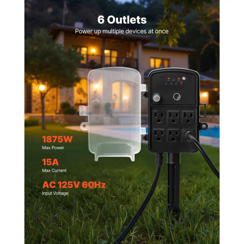 Heavy-Duty Outdoor Power Stake with Smart Timer Acts As a Power Party Starter Transforming One Dead Outlet Into Six Connected Hubs, 50 ft Weatherproof Extension Cord with Remote Control and Dusk to Dawn Auto Switch for Christmas Lights Patio with six outlets visible.