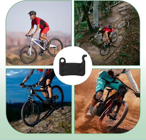 Cyclists using 4 Pairs Resin Disc Brake Pads For MTB Mountain Bikes, shown with quiet, durable replacement pads compatible with Deore XT.