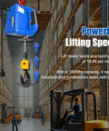 Blue ceiling-mounted electric hoist winch with hook and remote control