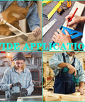 Tools collage showing woodworking and automotive repair tools in use: hand saw, measuring square, chisel, and drill.