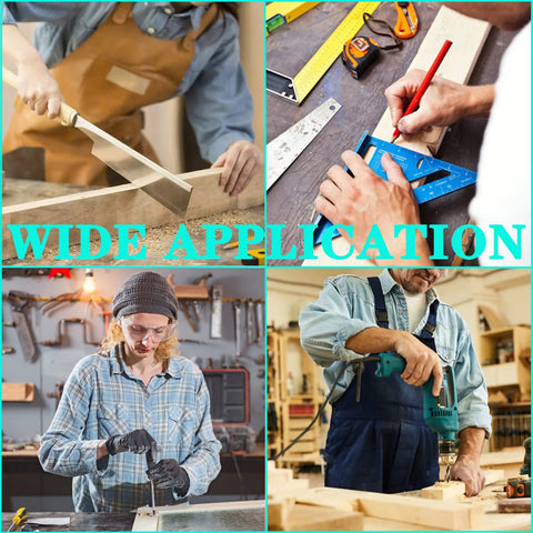 Tools collage showing woodworking and automotive repair tools in use: hand saw, measuring square, chisel, and drill.