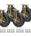 Rock Hard Heavy Duty Pneumatic Rubber Swivel Caster Wheels With Parking Brakes for industrial use, 4 pack with bolts shown.