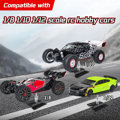 Pro RC Car Work Stand Repair Station with RC cars in 1/8, 1/10, and 1/12 scale models for trucks and buggies on display.