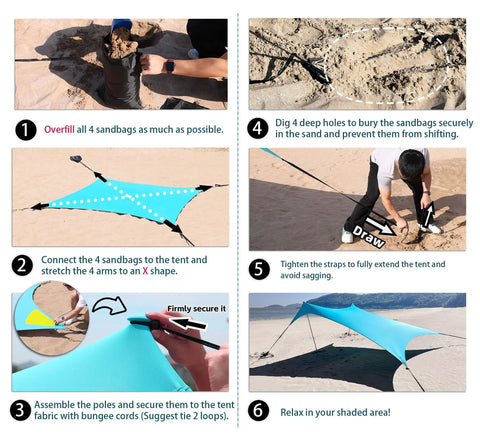 Assembly instructions for Ten By Ten Foot UPF50 Plus Beach Tent Sun Shelter Windproof Outdoor Pop Up Shade Canopy For Camping Fishing
