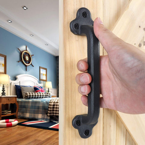 Heavy Duty 9 Inch Rustic Sliding Barn Door Handle on wooden door in bedroom, solid cast iron, matte black finish, square metal design